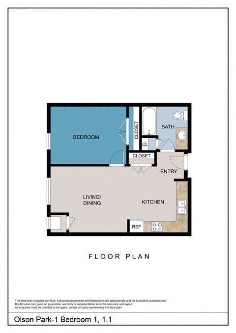 Floor plan for 1 bed, 1 bath, 606 sqft